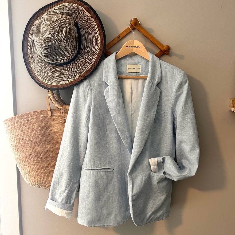 Vintage Adrienne Vittadini Linen Blend Blazer Light Blue Tailored Minimalist